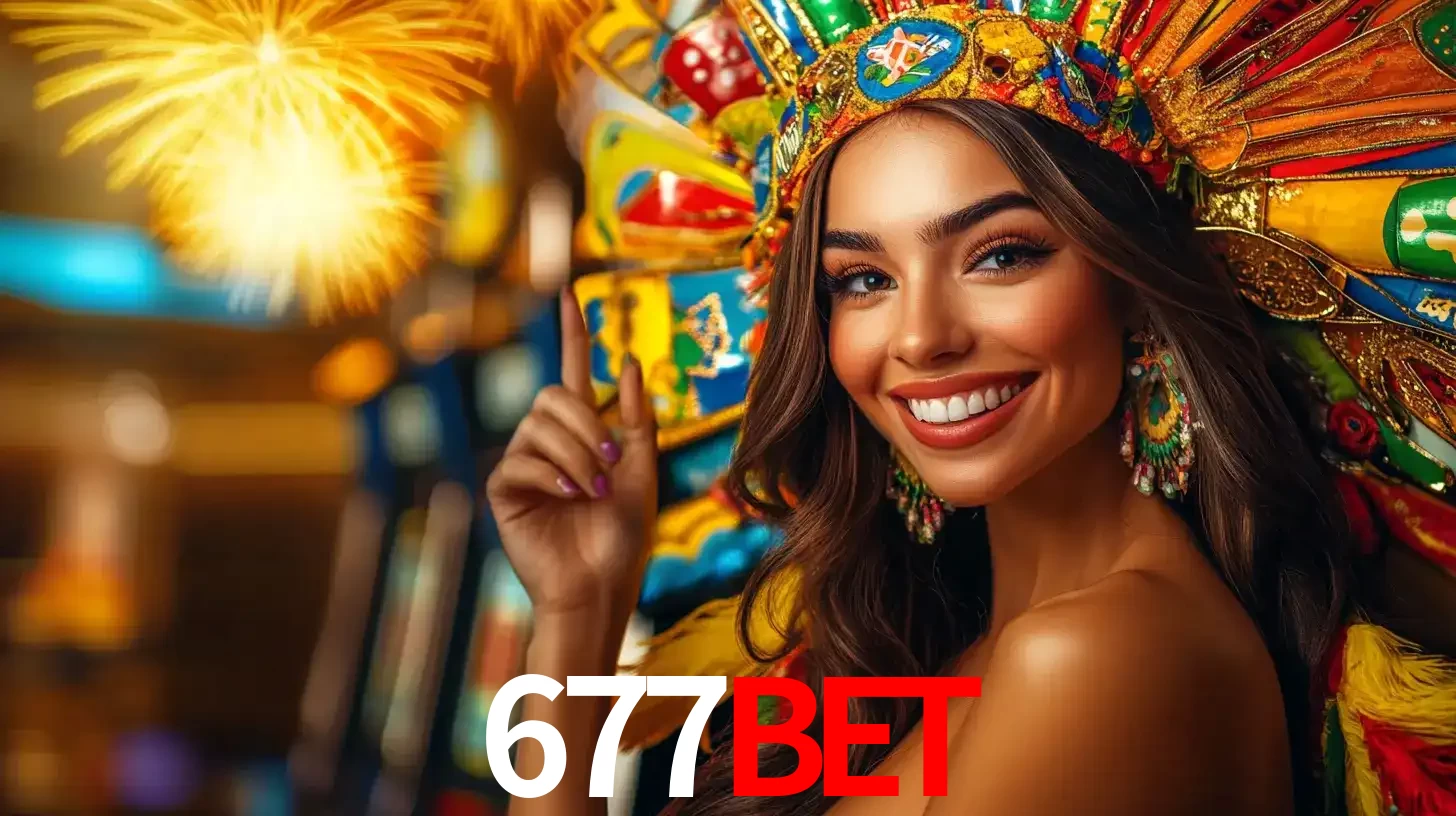 Mulher sorridente com um cocar de carnaval vibrante e colorido, celebrando uma grande vitória nos jogos do cassino 677bet com fogos de artifício ao fundo.