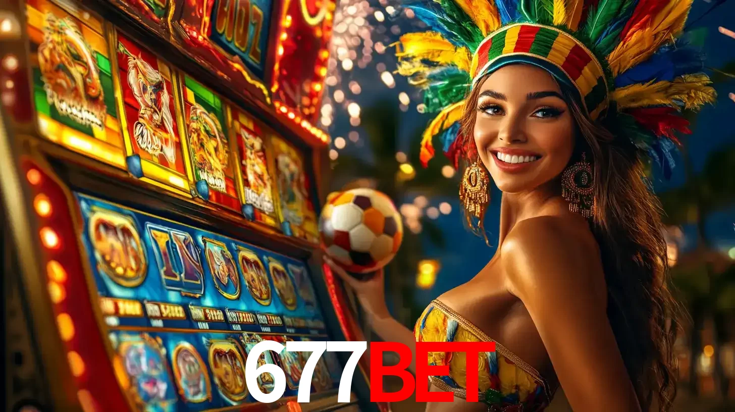 Mulher com um cocar de carnaval ao lado de uma máquina de caça-níqueis enquanto segura uma bola de futebol, mostrando a união da diversão de cassino e esportes no 677bet.