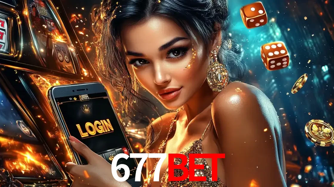 Mulher glamourosa segurando um celular com a tela de login do cassino 677bet, rodeada por dados e moedas douradas, pronta para começar a diversão.