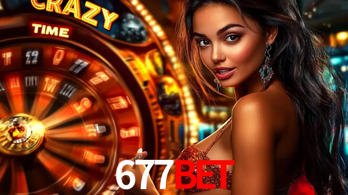 Mulher ao lado da roda de prêmios do jogo de cassino ao vivo Crazy Time, um dos shows de jogos mais emocionantes oferecidos pela plataforma de apostas 677bet.