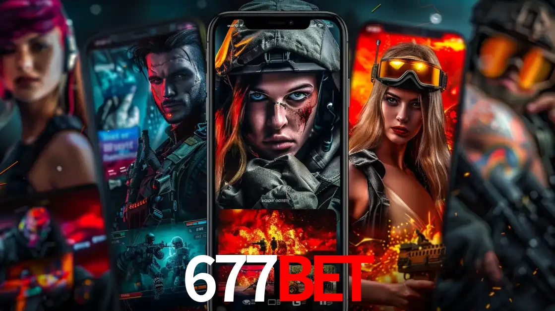 Montagem de telas de celular mostrando diversos personagens, masculinos e femininos, de um jogo de tiro, ilustrando a diversidade de equipes de e-sports para apostar no 677bet.