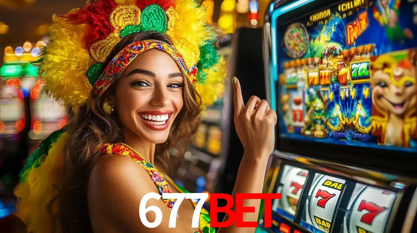 Mulher animada com um cocar de carnaval apontando para uma máquina de caça-níqueis, mostrando a emoção de ganhar um grande prêmio nos jogos do 677bet.