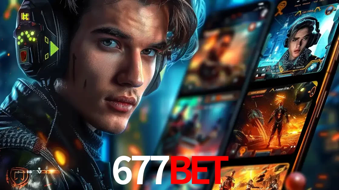 Jovem jogador com fones de ouvido olhando para a câmera, com um aplicativo de jogos e e-sports para celular ao fundo, pronto para a competição e apostas no 677bet.