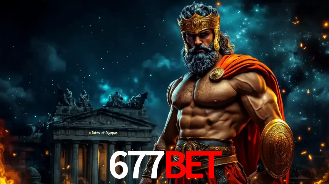O poderoso Zeus do jogo de slot Gates of Olympus em frente ao seu templo, pronto para lançar multiplicadores divinos e prêmios épicos no cassino online 677bet.