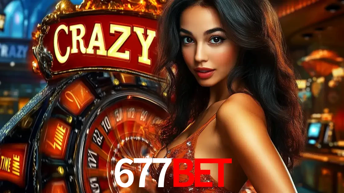 Mulher glamourosa olhando para a câmera com a roda vermelha do Crazy Time ao fundo em um ambiente de cassino, destacando a emoção dos jogos ao vivo no 677bet.