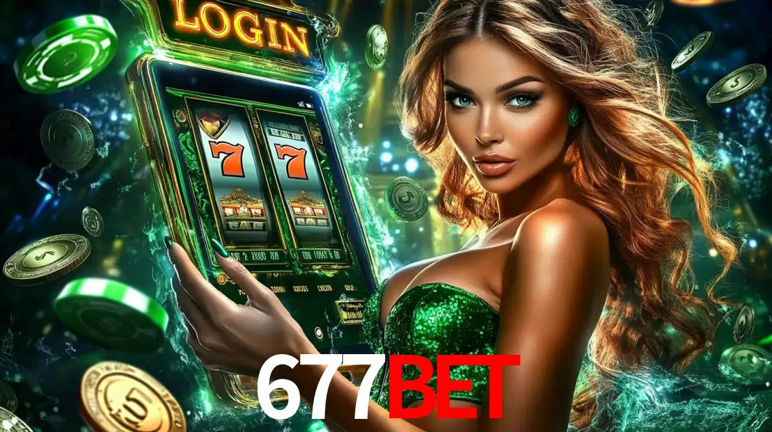 Mulher com tema verde apresentando o aplicativo do cassino 677bet com um jogo de slot de 777, cercada por fichas de cassino e uma aura de sorte.