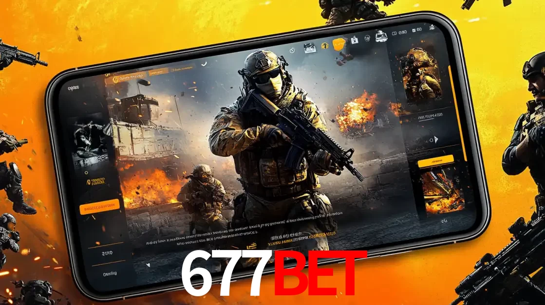 Um smartphone exibindo a interface de um jogo de tiro em primeira pessoa, com um soldado em um cenário de batalha, representando a ação dos e-sports para apostar no 677bet.