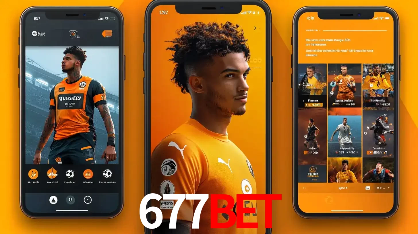 Interface do aplicativo de apostas esportivas 677bet em três telas de celular, mostrando o perfil de um jogador de futebol e a lista de jogos disponíveis para apostar.
