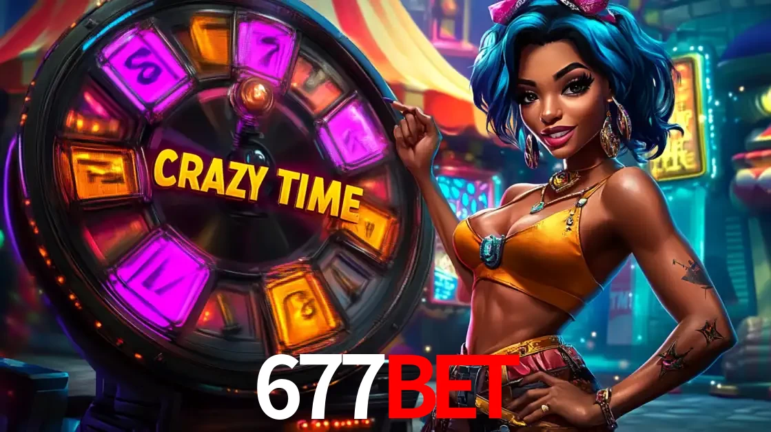 Mulher estilizada com cabelo azul e visual vibrante posando ao lado da roda de prêmios do game show Crazy Time, convidando para a diversão e os bônus do cassino 677bet.