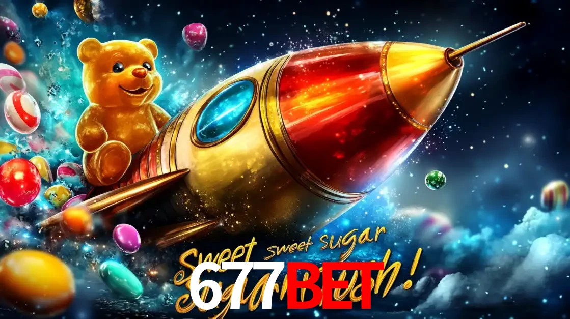 Arte promocional do jogo de slot Sugar Rush, com um urso de pelúcia em um foguete viajando pelo espaço de doces, um dos jogos divertidos disponíveis no cassino 677bet.