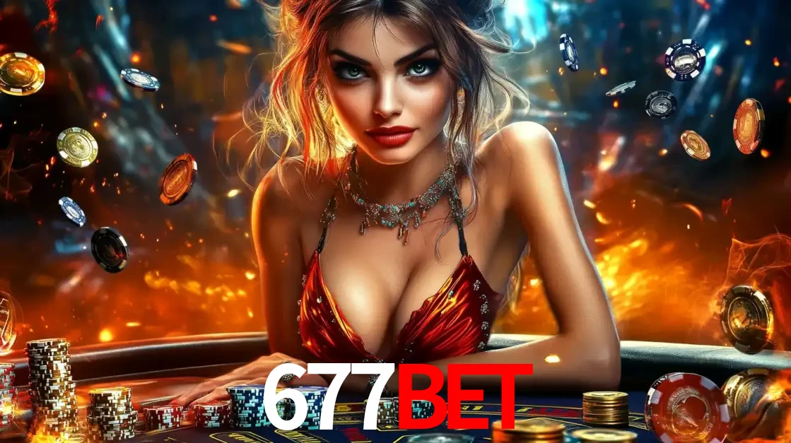 Mulher em uma mesa de cassino com pilhas de fichas e um fundo de fogo, pronta para uma rodada de altas apostas nos jogos de mesa emocionantes do cassino 677bet.
