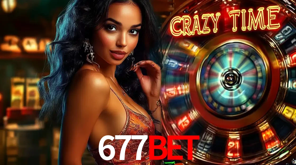 Mulher elegante ao lado da vibrante roda da fortuna do jogo de cassino ao vivo Crazy Time, um dos game shows mais populares e cheios de prêmios do 677bet.
