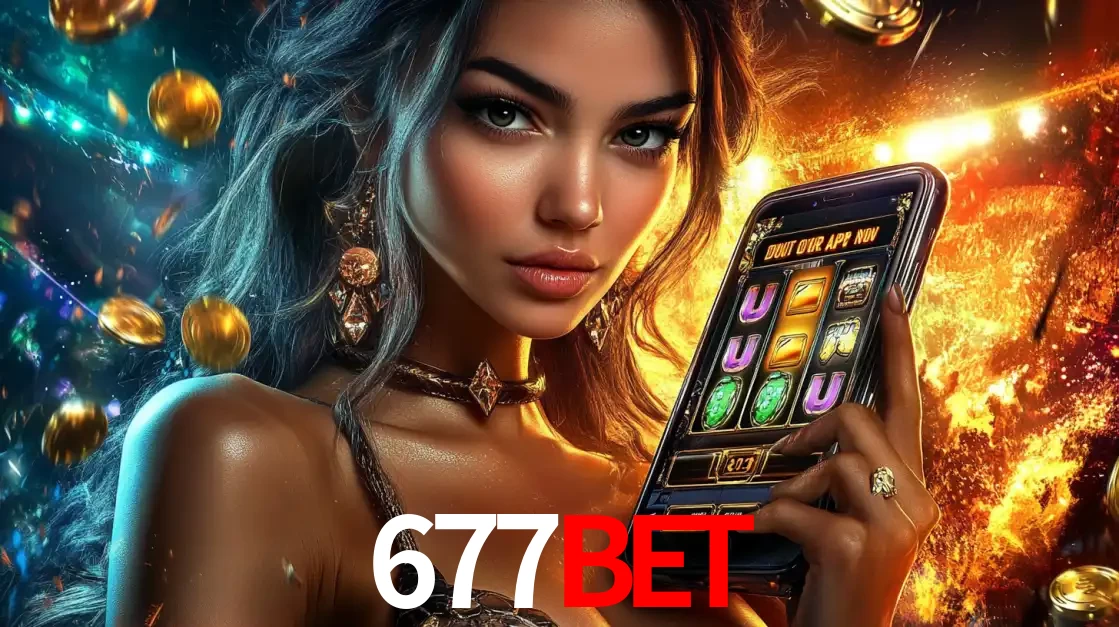 Mulher elegante mostrando um jogo de caça-níqueis em seu smartphone, destacando a experiência de cassino móvel oferecida pelo aplicativo 677bet.