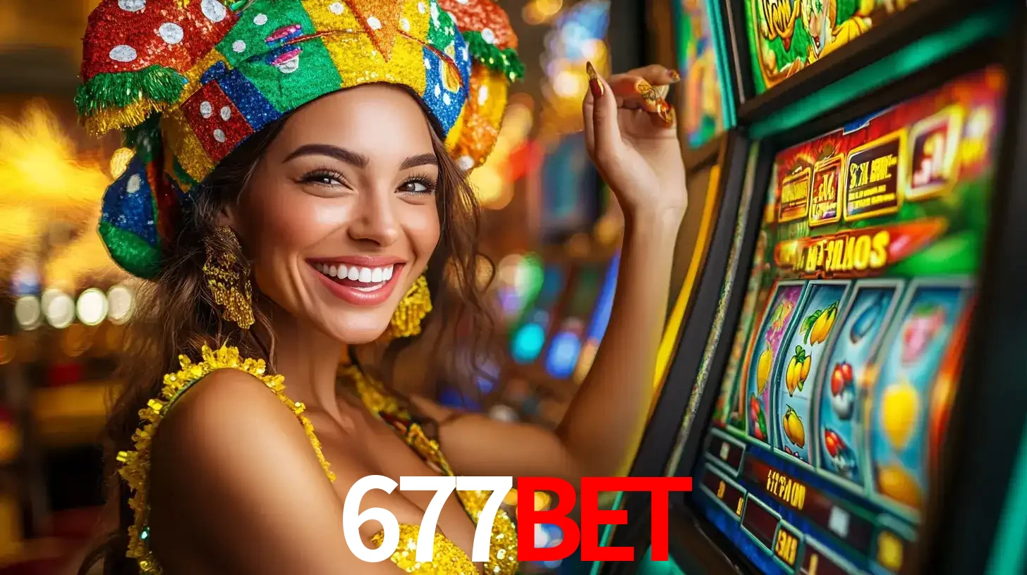 Mulher feliz com traje de carnaval amarelo e colorido ao lado de uma máquina de caça-níqueis, aproveitando a diversão e os jogos temáticos do cassino 677bet.
