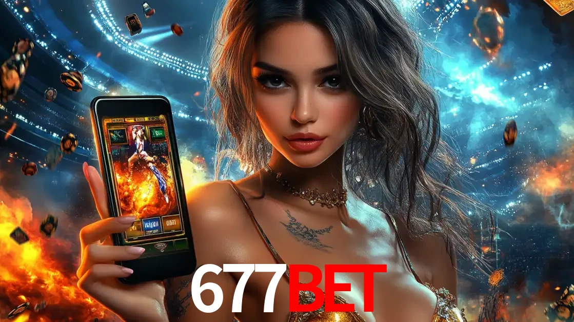 Mulher segurando um celular com um jogo de slot em destaque, tendo como fundo um estádio vibrante, simbolizando a emoção de jogar no cassino móvel 677bet.