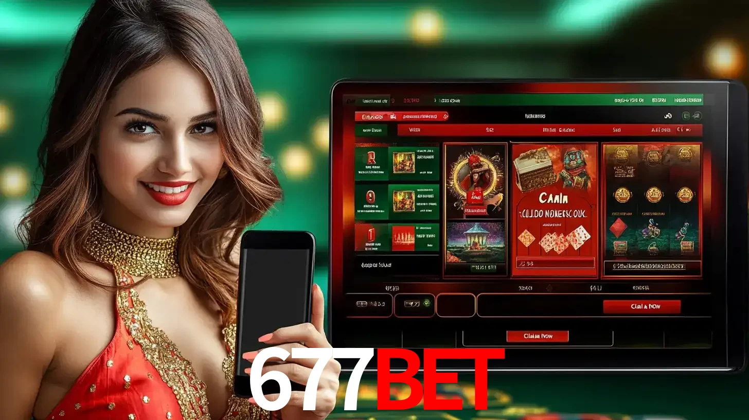 Mulher sorridente segurando um smartphone, ao lado de uma tela exibindo o lobby de jogos do cassino online 677bet, com várias opções de jogos de cartas e slots.